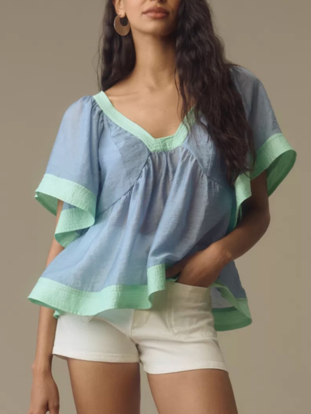 Anthropologie Colorblock Babydoll Top | Blue & Mint | Size Small